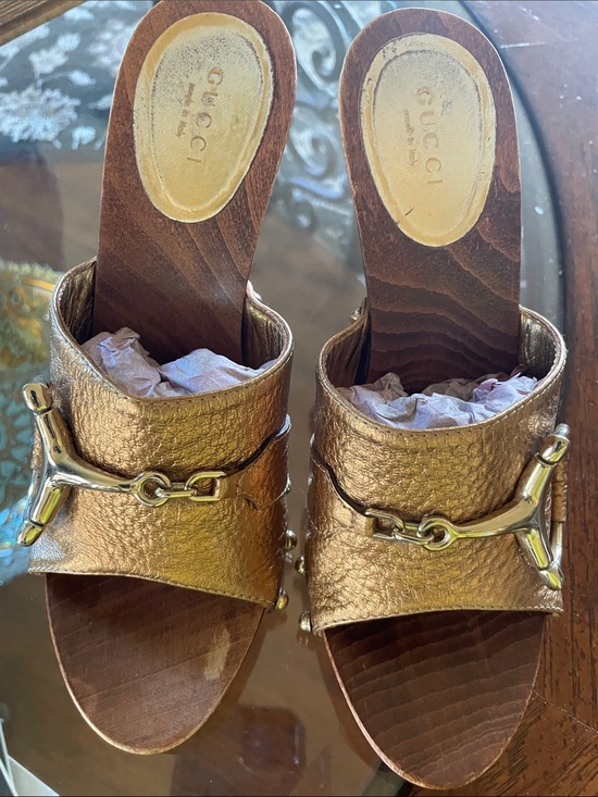 Gucci Shoes - Gucci Metallic Gold Leather Horsebit Wood Slide Mules